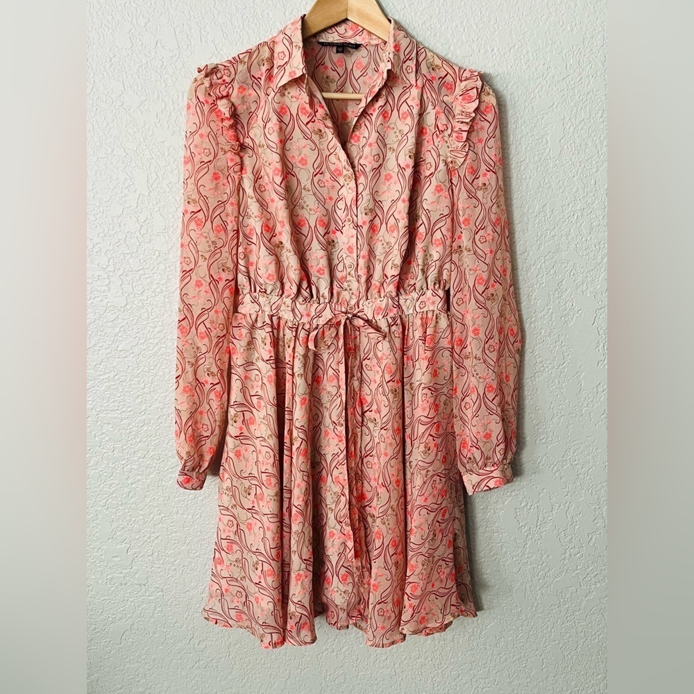 Victoria Secret Belted Flared Dress Polyester Peasant Tan Pink Floral Womens 2